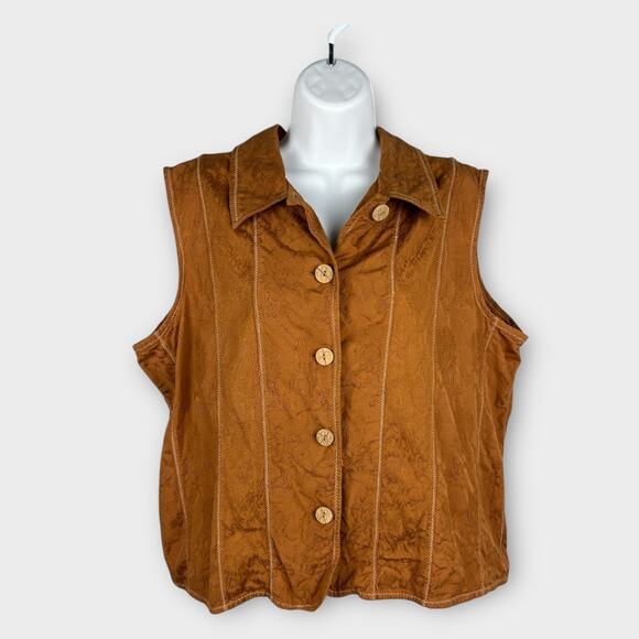 Coldwater Creek Brown Embroidered Floral Button Front Sleeveless Top Vest 2X - Picture 1 of 7
